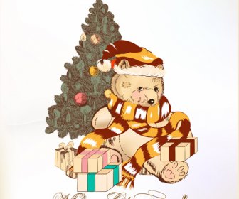 เวกเตอร์ที่ต้นคริสต์มาสและตุ๊กตาหมีน่ารัก