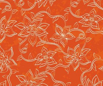 오렌지 배경 벡터에 귀여운 흰 꽃 라인 패턴