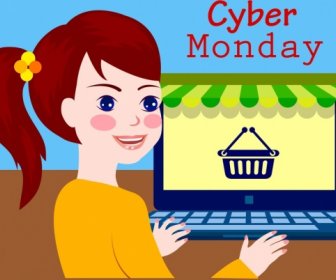 Cyber-Montag-Werbung-Mädchen-Laptop-Symbol