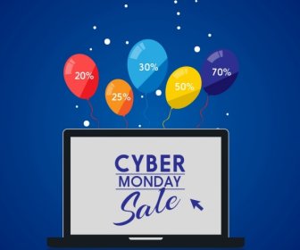 Cyber Monday Sale Banner Colorful Balloons Laptop Screen