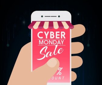 Cyber Sale Banner Smartphone Screen Hand Icons Decor