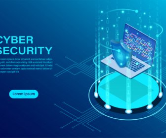 網路安全概念橫幅與商人保護資料和機密和資料隱私保護概念與盾牌圖示和鎖平等軸測向量插圖