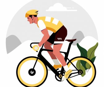 ภาพวาดนักขี่จักรยานที่มีสีสันคลาสสิกออกแบบแบนตัวการ์ตูน
