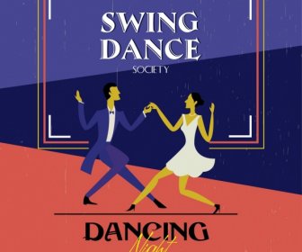 Dancing Club Advertisement Colored Dancers Icons Retro Style