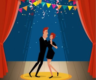 Dancing Couple Icon Classical Stage Background Cartoon Style