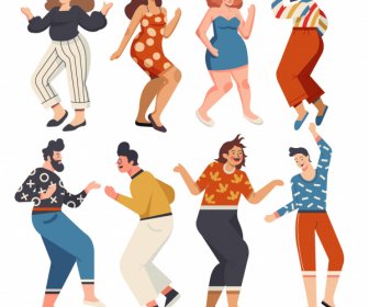 Tanzende Menschen Ikone Aufgeregt Gesten Skizze Zeichentrickfiguren