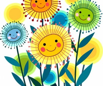 Dandelion Flowers Drawing Cute Multicolored Stylized Icons