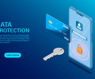 データ保護コンセプトは、高セキュリティフラットアイソメトリックイラストでデータファイナンスと機密性を保護