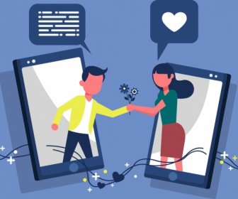 डेटिंग प्रौद्योगिकी बैनर स्मार्टफोन युगल भाषण बुलबुले आइकन