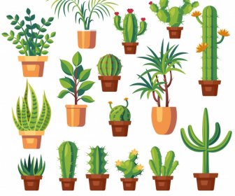 Decorated Plant Icons Cactus Trees Sketch Flat Classic