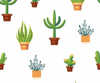 Decorated Plants Pattern Bright Colored Flat Pots Sketch