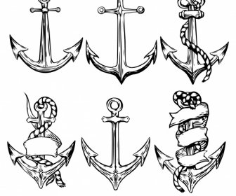 ícones De âncora Decorativa Preto Branco Retro Desenhado à Mão Esboço