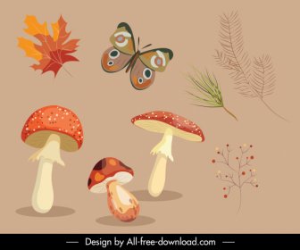 Elementos De Design De Outono Decorativo Mushroon Borboletas Esboço Plantas