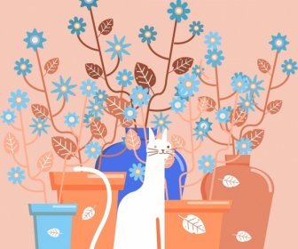 Dekorativer Hintergrund Blumentöpfe Katze Skizze Klassisch Flach