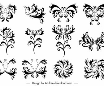 Decorative Elements Collection Black White Symmetric Swirled Shapes