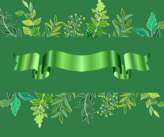 Decorative Elements Green Leaves 3d Ribbon Sketch