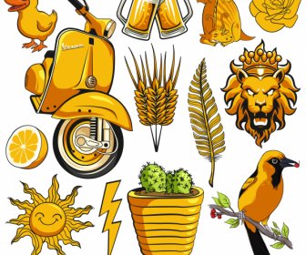 Decorative Elements Icons Yellow Classical Handdrawn Emblems