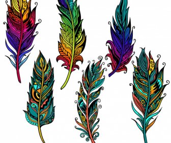 Decorative Feather Icons Colorful Classic Ethnic Handdrawn Design