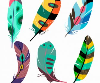 Decorative Feather Icons Colorful Fluffy Sketch