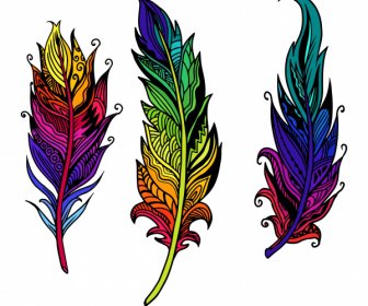 Decorative Feather Icons Colorfull Ethnic Decor Handdrawn Outline