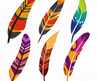 Decorative Feather Icons Multicolored Handdrawn Sketch