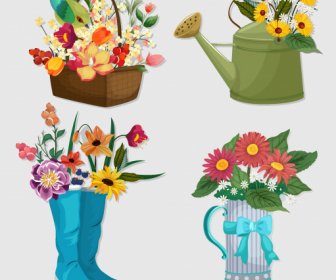 Iconos Decorativos De Flores Coloridos Símbolos Diseño