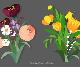 Decorative Flower Icons Elegant Design Classic Handdrawn