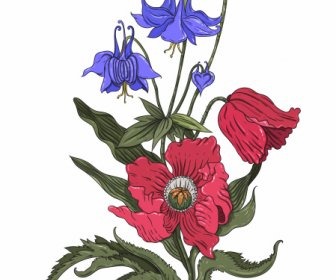 Dekorative Blumenmalerei Farbig Blühenden Skizze Klassischen Dekor