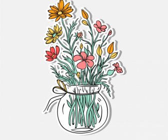 Decorative Flower Vase Icon Classic Colorful Handdrawn Sketch