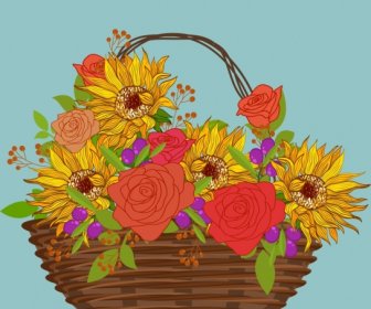 Decorative Flowers Basket Drawing Multicolored Handdrawn Sketch