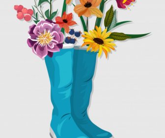 Decorative Flowers Icon Boots Sketch Colorful Classical Design