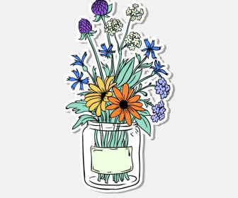 Decorative Flowers Icons Colorful Handdrawn Sketch Classic Design