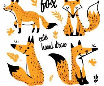 Decorative Fox Icons Cute Classic Handdrawn Outline