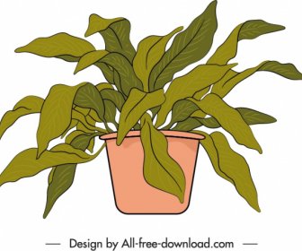 Dekoratif Houseplant Simgesi Saksı Yaprakları Eskiz Handdrawn Klasik