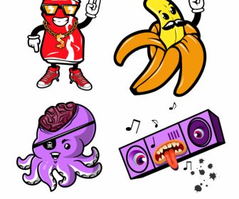 Iconos Decorativos Divertidos Objetos Estilizados Fruta Animal Boceto