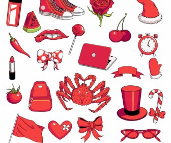 Decorative Icons Red Objects Animal Symbols Sketch