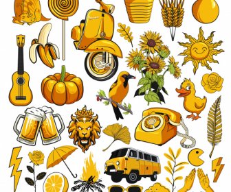 Iconos Decorativos Amarillos Símbolos Clásicos Boceto