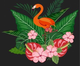 Decorative Nature Element Classic Elegant Flowers Flamingo Sketch