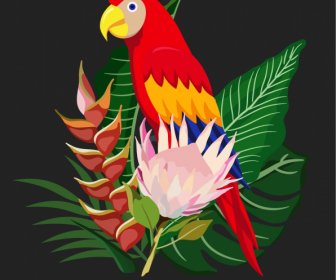Decorative Nature Element Colorful Parrot Flowers Leaves Sketch
