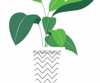 Dekorative Pflanze Malerei Grüne Blätter Flache Topf Symbole