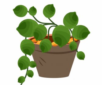 Decorative Plant Pot Icon Fresh Green Leaves Sketch