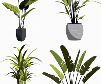 Decorative Plant Pots Icons Fresh Green Leaves Sketch