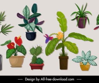 Decorative Plants Icons Tree Pots Sketch Colorful Classic