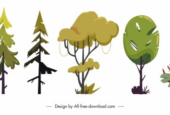 Decorative Trees Icons Colored Flat Shapes Sketch