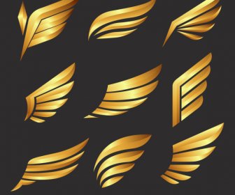 Decorative Wings Icons Shiny Modern Golden Sketch