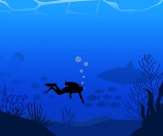 深海洋背景潛水夫圖示暗藍色裝飾