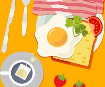 Delicious Breakfast Drawing Fried Egg Tea Fruit Icons