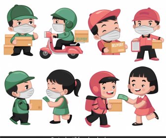 Delivery Job Icons Cartoon Characters Sketch