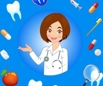 Dental Background Female Dentist Icons Various Colored Symbols