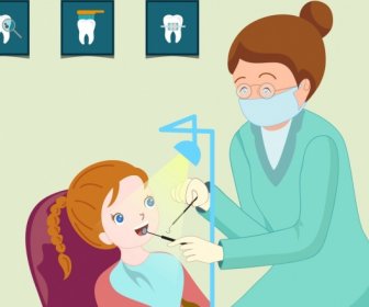 Diş Iş Arka Plan Dişçi Kız Simgeleri Tasarım Karikatür